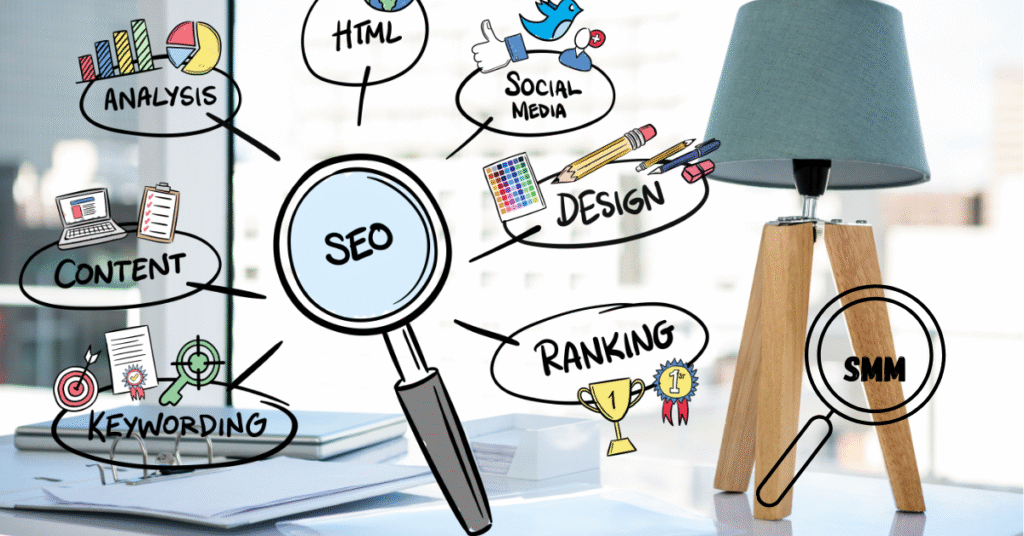 Seo , on page seo , off page seo , tecnical seo , local seo, keyword research , organic growth.